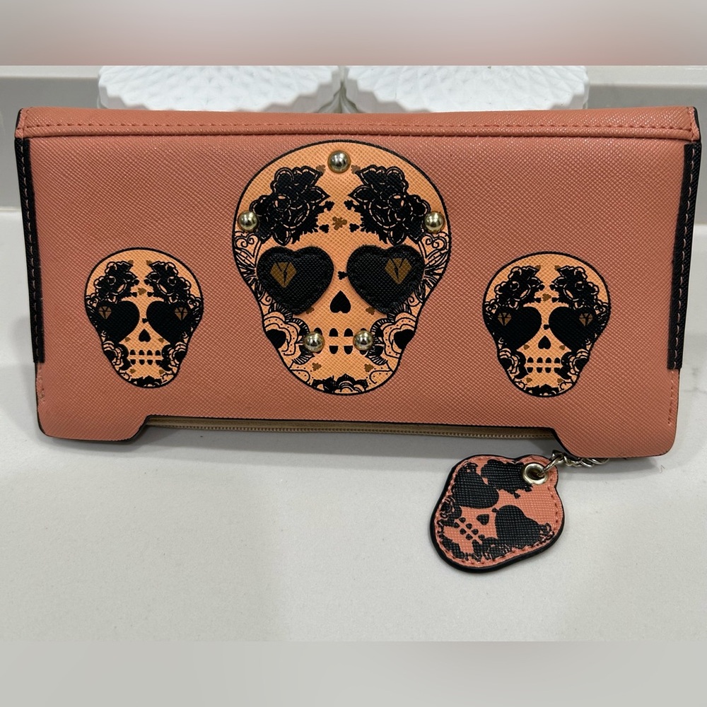 Sugar Skull Long Bifold Wallet with Zipper Pocket